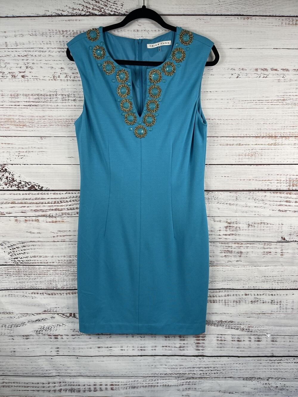 Trina Turk Dress Women's 8 Blue Sleeveless Sheath Embellished Beaded Neck Party